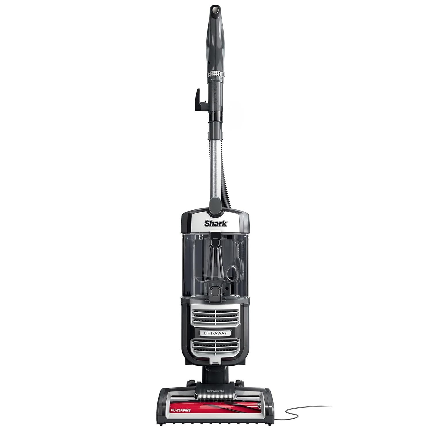 Shark Lift-Away upright vacuum cleaner with a sleek black and red design, featuring PowerFins technology for enhanced cleaning.