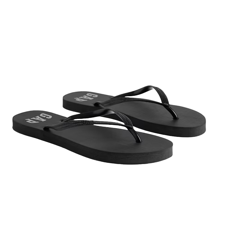 Black flip-flops featuring the brand name \“GAP\“ on the footbed, with simple thong-style straps and a flat sole.