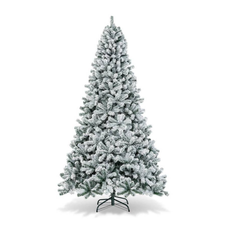 A flocked artificial Christmas tree with a metal stand.