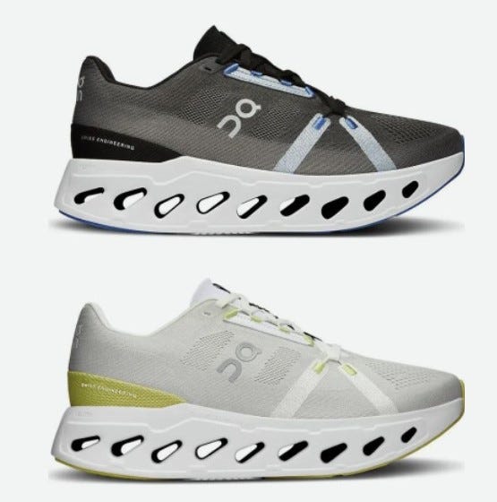 Two pairs of running shoes with distinctive sole designs, one in gray and black, the other in gray and white with a hint of yellow.