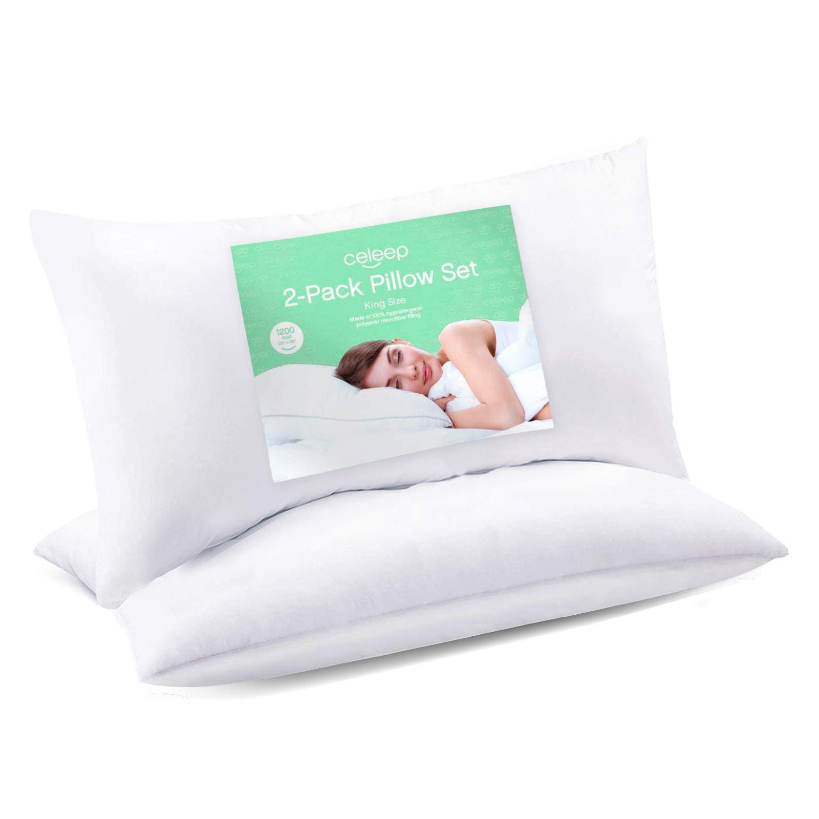 A two-pack of king size white pillows with a packaging label indicating the brand and set details.