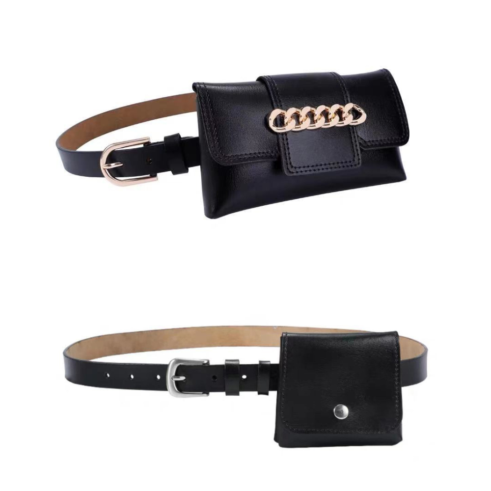 Two black leather fashion accessories: a belt with a buckle and a small purse with a chain.
