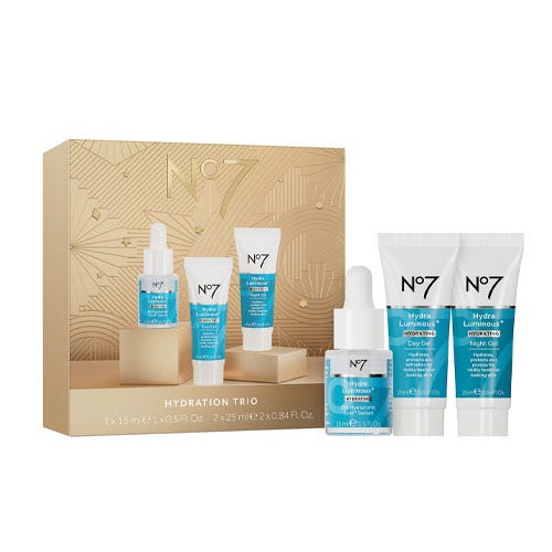 The No7 Hydration Trio Set includes a serum with a dropper, a day gel cream, and a night gel cream. Each product is packaged in blue and white containers with the brand name, designed to provide hydrating skincare solutions.