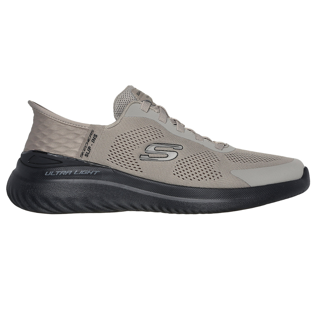 Men's ultra-lightweight athletic shoe in gray with a breathable mesh upper, slip-on design, and black sole.