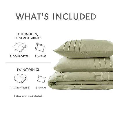 A pleated queen comforter set with two shams in a light green shade, and a note that pillow inserts are not included.