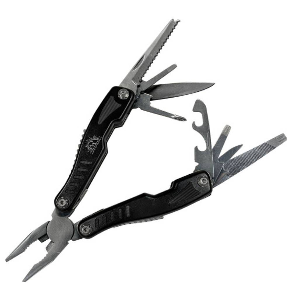 The BFE Multi-tool features a pair of pliers and includes a variety of tools like a saw, knife, screwdriver, bottle opener, and file, all housed in black handles.