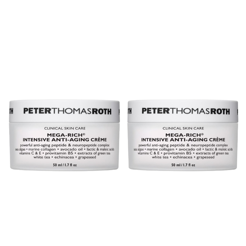 Two jars of Peter Thomas Roth Mega-Rich Intensive Anti-Aging Crème, 50 ml each, featuring sea algae, marine collagen, avocado oil, vitamins C & E, provitamin B5, and extracts of green tea, white tea, echinacea, and grapeseed.