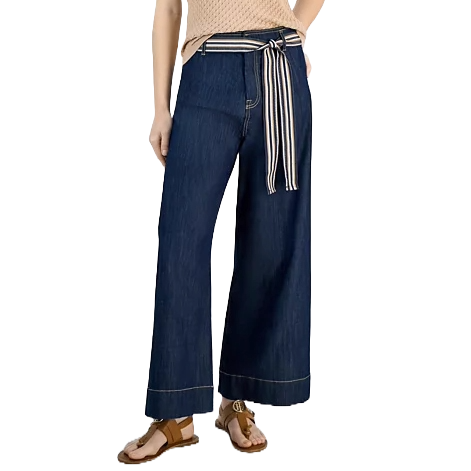 Wide-leg jeans with a dark denim finish, featuring a striped belt tied in a bow at the waist. The pants have a casual look paired with flat sandals.