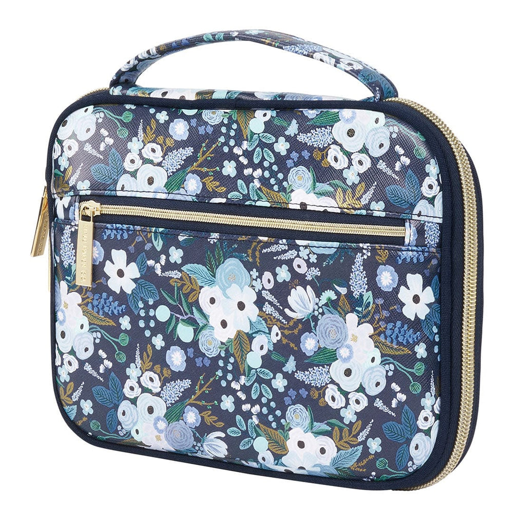 Floral-printed, zippered cosmetic bag with a handle.