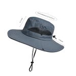 A wide-brim sun hat with a circumference of 22.8-23.6 inches, a brim width of 3.5 inches, and a crown height of 4.33 inches featuring a chin strap and mesh vents.