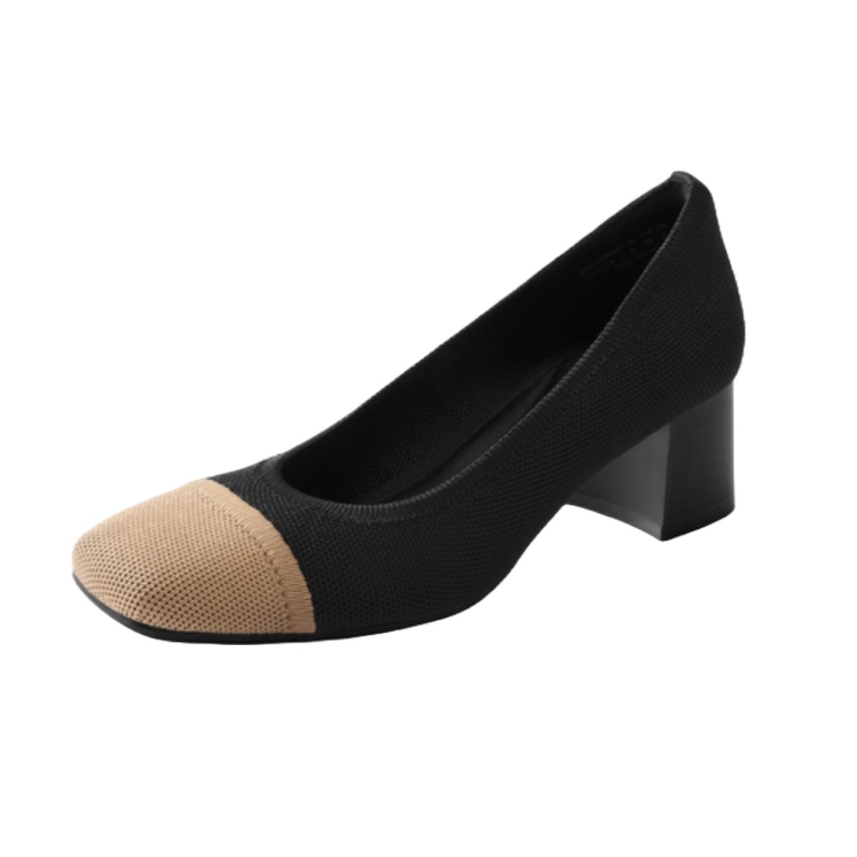 Black block heel pumps with a contrasting beige toe cap. The shoes have a round toe and a mid-height block heel.