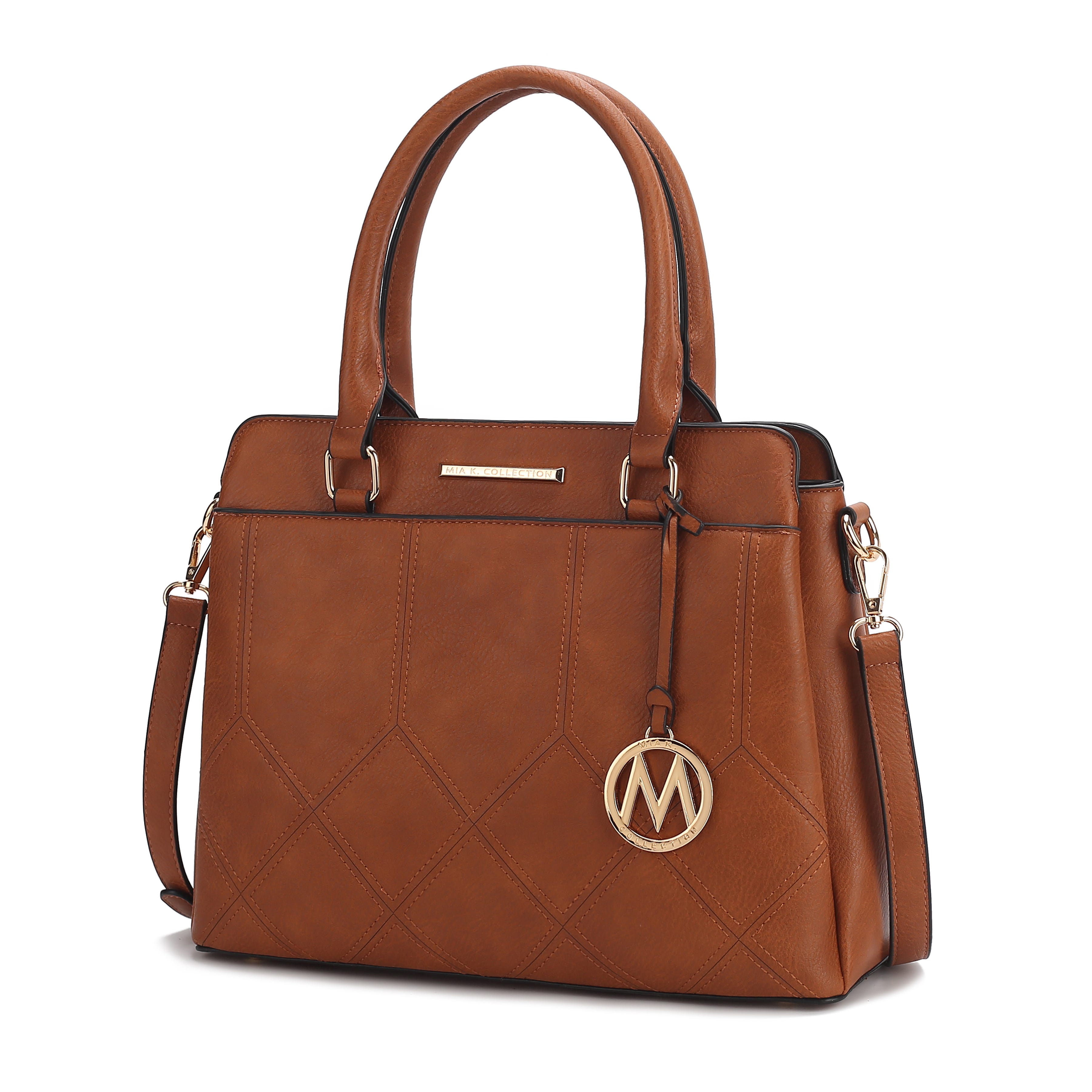 MKF Faux-Leather Tote in brown features a quilted pattern, dual handles, and a detachable shoulder strap with gold-tone hardware, including a circular \“M\“ charm.