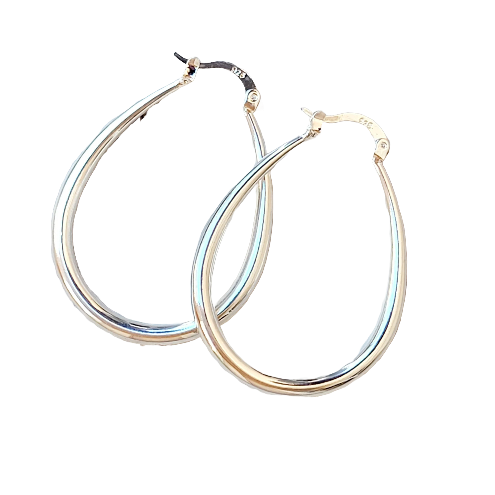 A pair of teardrop-shaped sterling silver hoop earrings, featuring a smooth, polished finish and a hinged closure marked with \“925\“ indicating sterling silver quality.