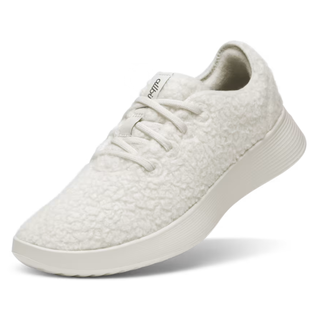 Allbirds Men's Wool Runner Go Shoes feature a white, textured wool upper with a minimalist design, laces, and a sleek white sole.