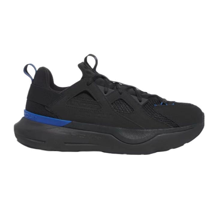 A black sneaker with blue accents, featuring mesh panels, geometric overlays, and a thick sole.