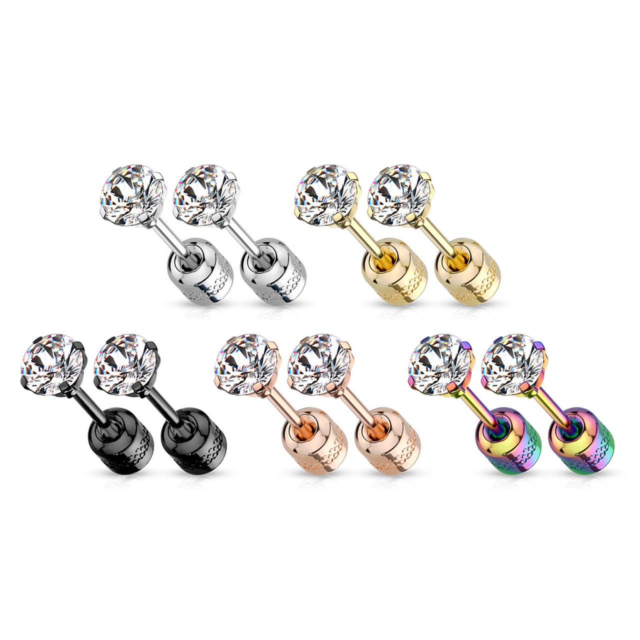 Earrings with large, round-cut crystals set in silver, gold, rose gold, and multi-colored metal backings.