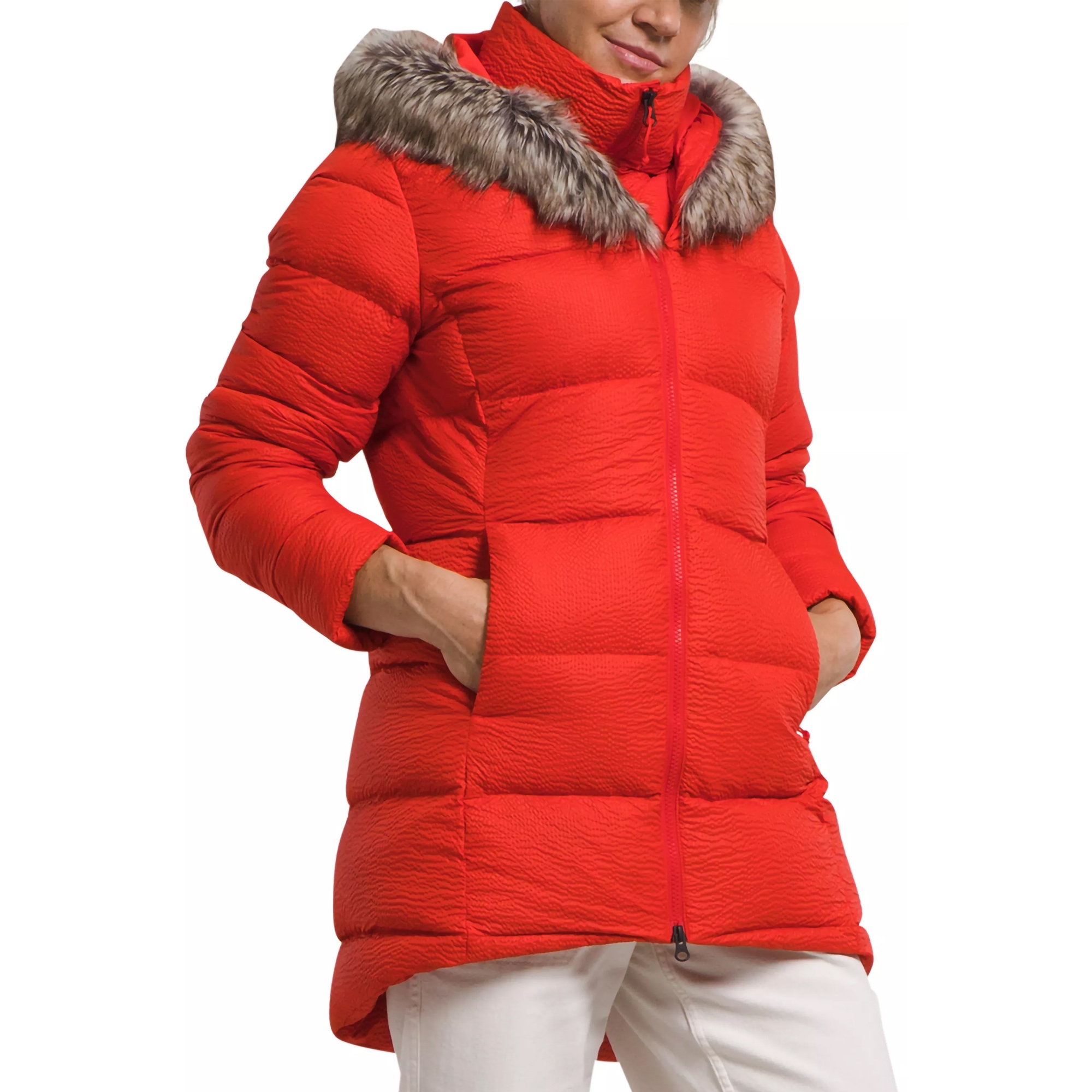 Bright red faux fur trim parka coat online