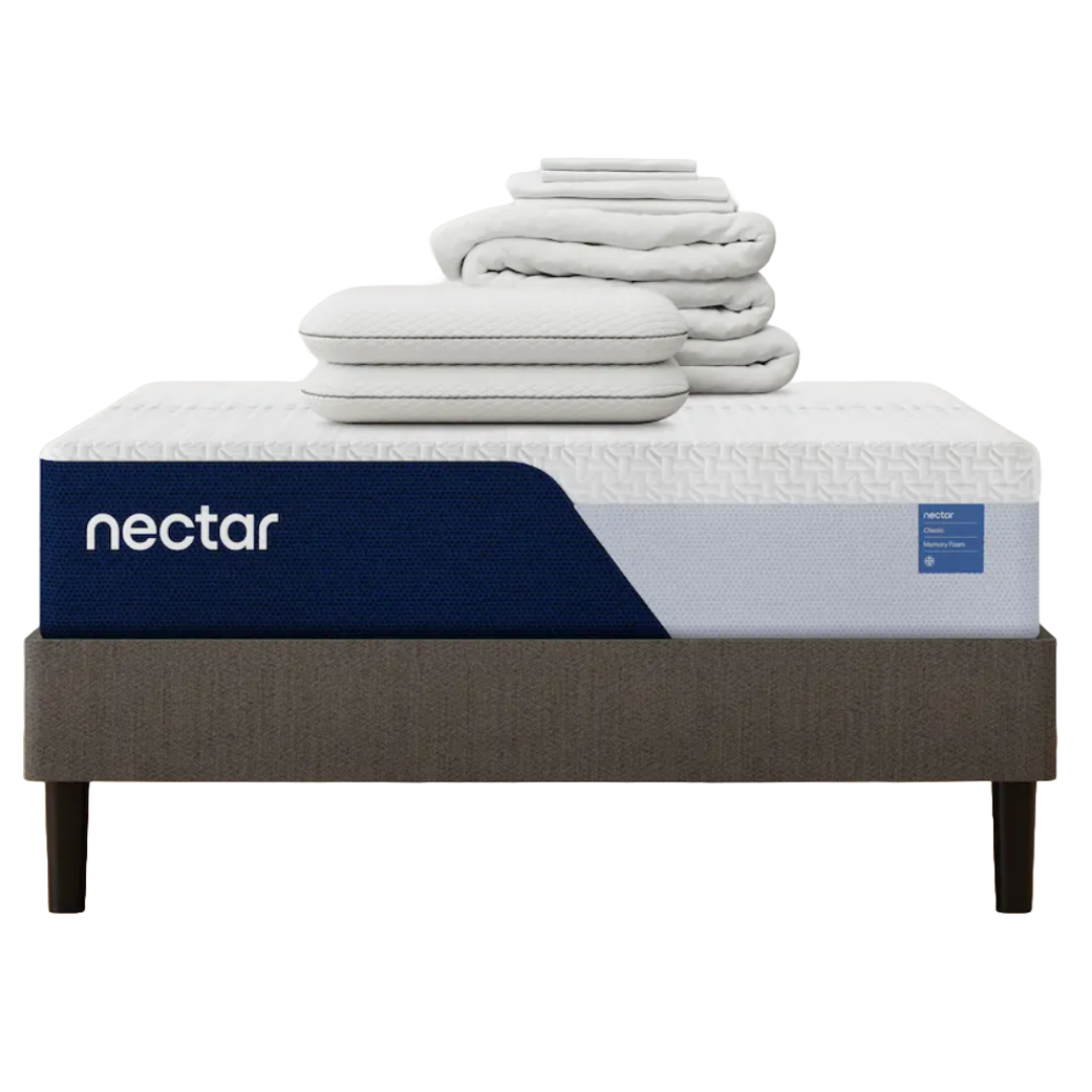 Nectar Foundation Mattress Bundle includes a memory foam mattress, a beige bed frame with wooden legs, two pillows, sheets, and a quilted comforter, all in neutral tones.