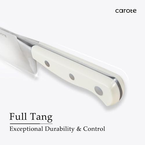 Close-up of a knife handle indicating a full tang design for durability and control, with the brand name Carote.