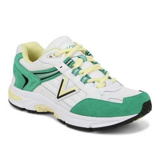 Vionic 23Walk 2.0 Sneakers feature a white and green design with yellow accents, a breathable mesh upper, cushioned lining, and supportive sole for comfort and style.