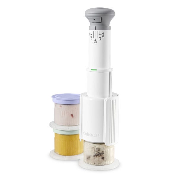 Cuisinart ice cream maker with three pint-sized storage containers for making and storing frozen desserts.