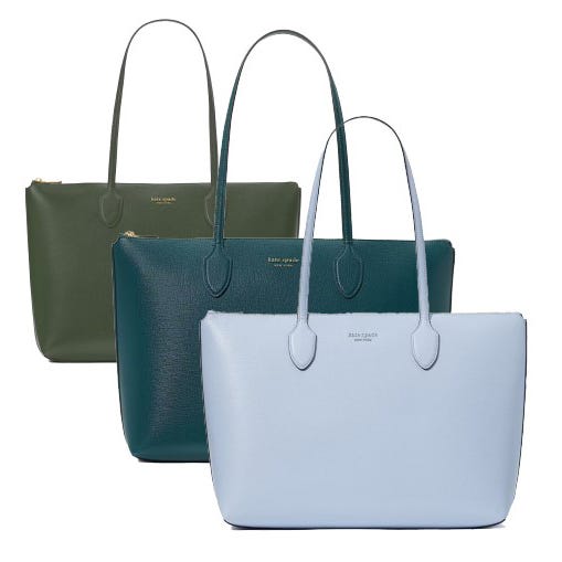 Three tote bags in varied shades of blue and green with thin handles.