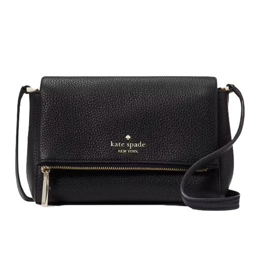 A black Kate Spade New York crossbody bag with a textured finish, featuring a front zippered pocket and a thin strap.