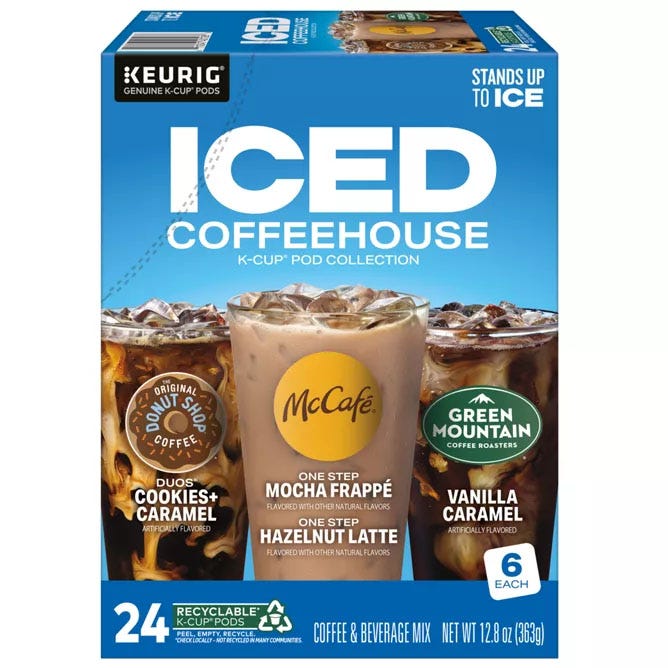 Keurig 24ct Iced Coffeehouse Variety Pack includes K-Cup pods of three flavors: Donut Shop Duos Cookies + Caramel, McCafé One Step Mocha Frappé and Hazelnut Latte, Green Mountain Vanilla Caramel; 6 pods of each flavor.