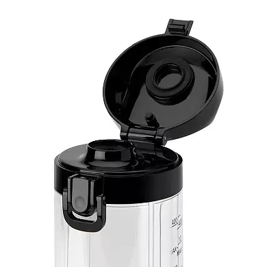 A black and transparent cylindrical container with measurement markings and a flip-top lid, designed for blending and carrying drinks.