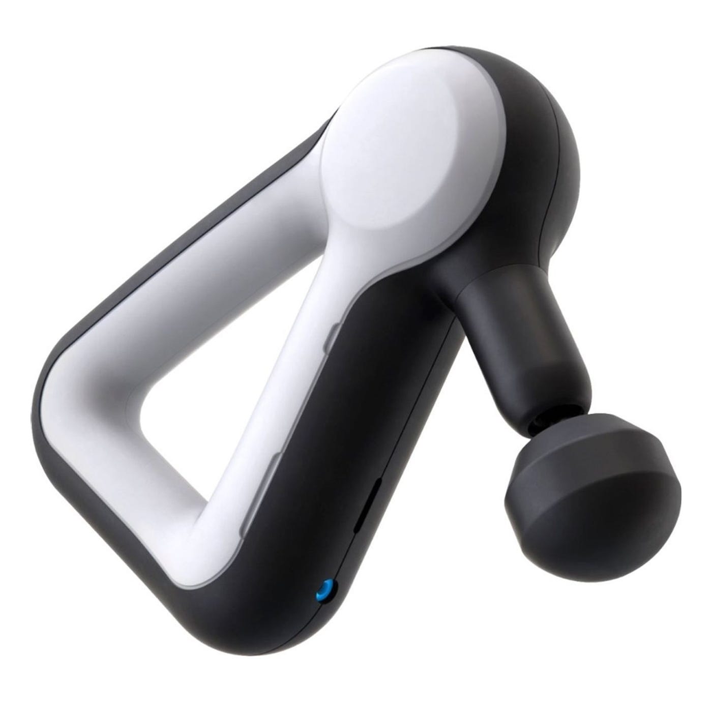A handheld massage gun with an ergonomic design, featuring a white and black color scheme.