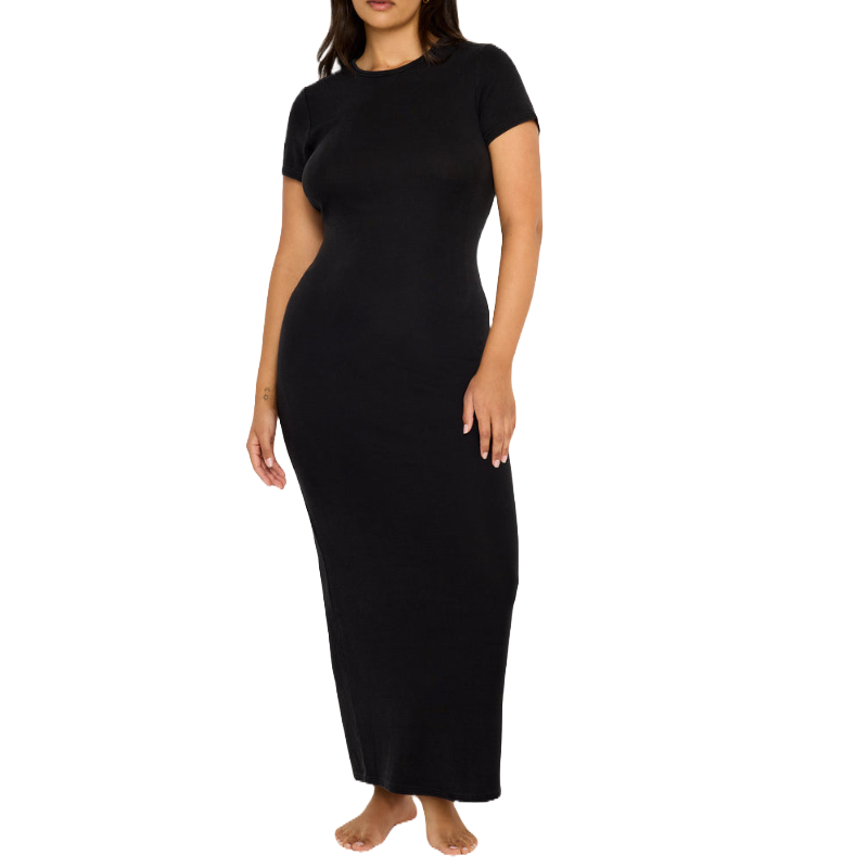 A fitted black ribbed maxi dress with short sleeves, extending to the ankles. The dress contours the body, offering a sleek and minimalist look suitable for various occasions.