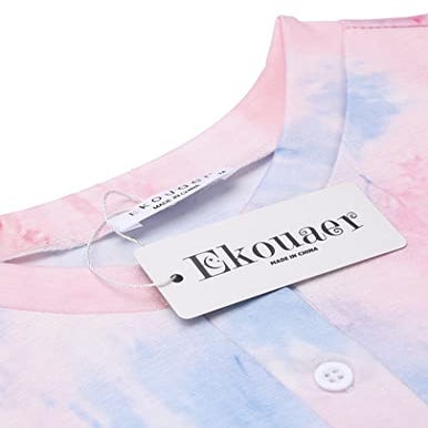 A close-up of a tie-dye loungewear top featuring soft pastel pink and blue colors with a visible clothing tag showing the brand name.