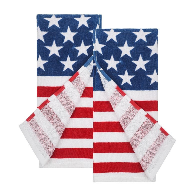 Two kitchen towels with an American flag design, one displaying stars on a blue background and the other showcasing red and white stripes.