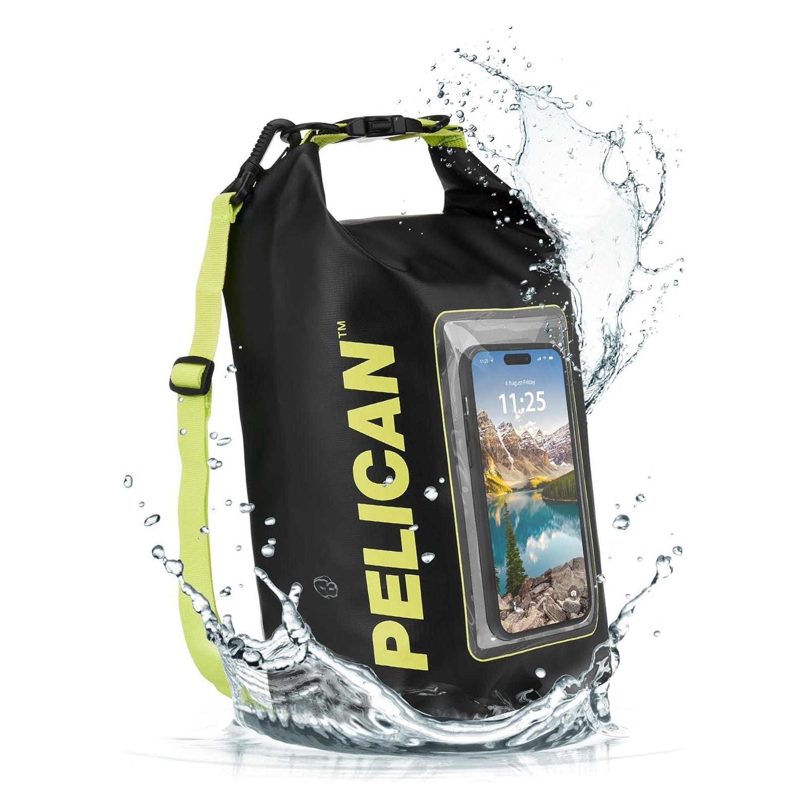 A black Case-Mate Pelican dry bag with a clear pocket displaying a smartphone, featuring vibrant green accents and a roll-top closure, designed for water protection.