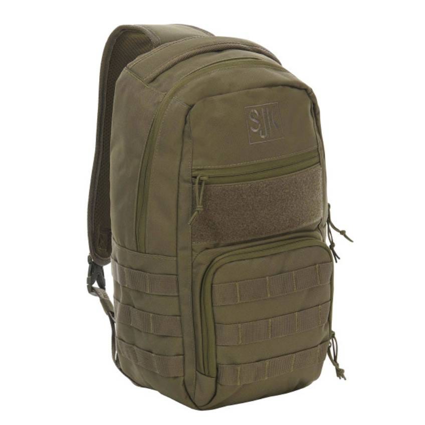 Olive green tactical sling bag with multiple compartments, MOLLE webbing, and a SJK logo. Features include a single shoulder strap, external zippered pockets, and a patch panel.