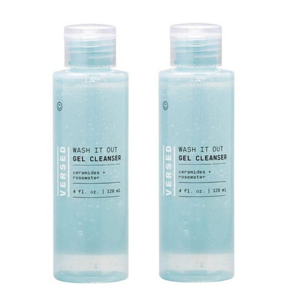 Two bottles of Versed Wash It Out Gel Cleanser with ceramides and rosewater, each containing 4 fl. oz. (120 ml).