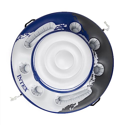 An Intex inflatable floating cooler with a circular white and blue design, featuring built-in cup holders and a central storage area.