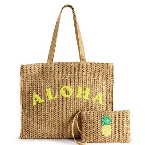 A woven tote bag with the word \“ALOHA\“ in yellow text, accompanied by a matching pouch featuring a pineapple design.