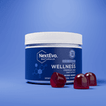 A container labeled NextEvo Naturals Wellness with extra strength premium CBD, Mixed Berry flavor, alongside two gummy supplements outside the container.