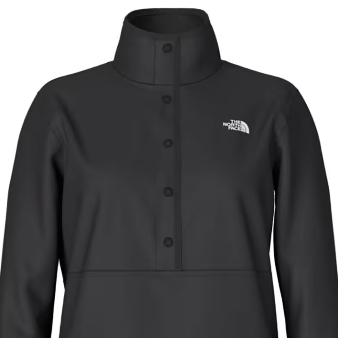 Black collared jacket with button closure and small logo on the chest.