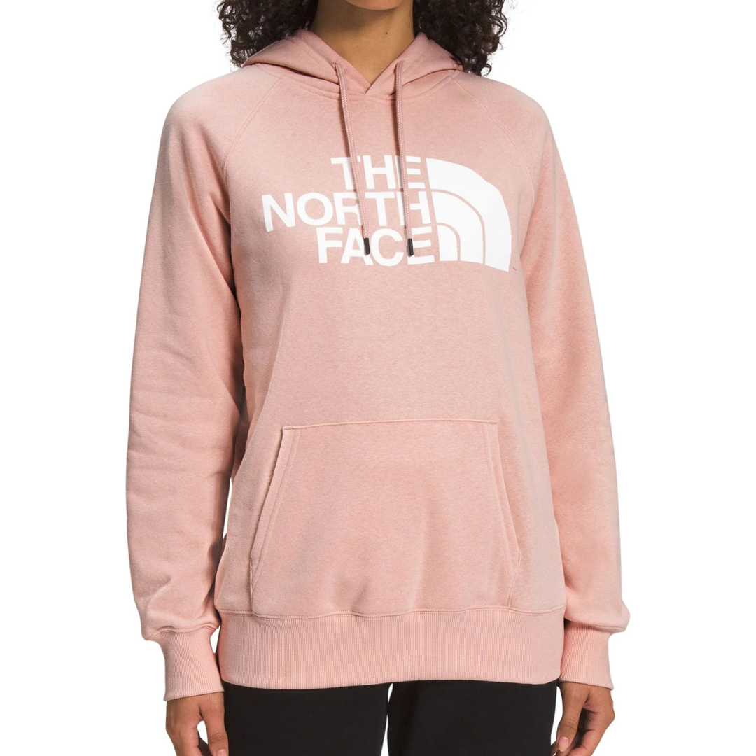 A light pink hoodie with a white \“The North Face\“ logo, featuring a front pocket and hood with drawstrings.