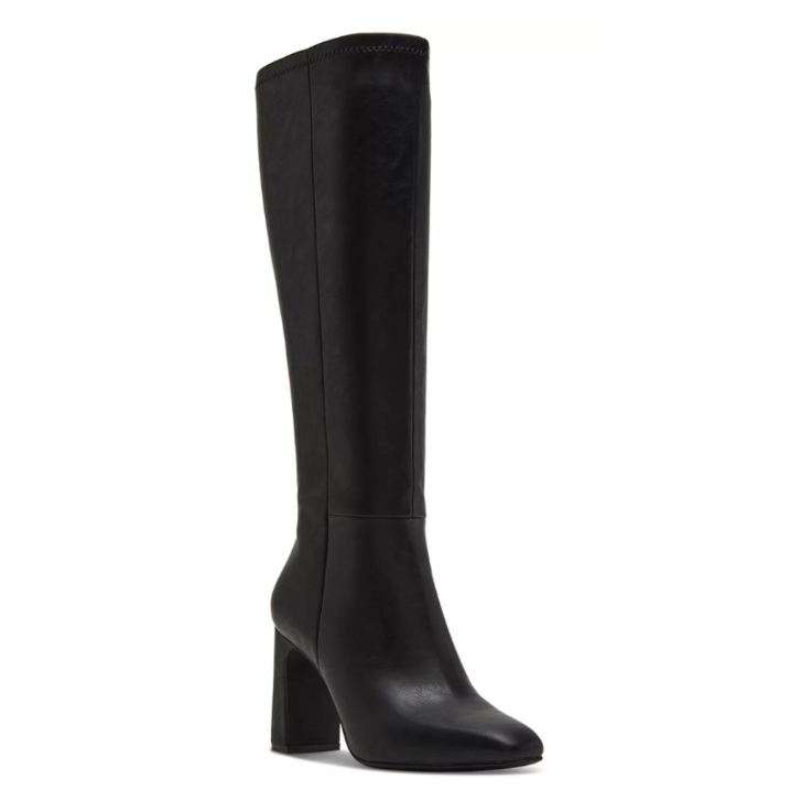 This is a knee-high boot in black with a sleek design, featuring a modest block heel and a rounded toe. The boot has a smooth leather-look finish.