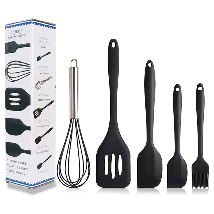 A set of black kitchen utensils including a whisk, spatula, slotted turner, spoon, and basting brush.