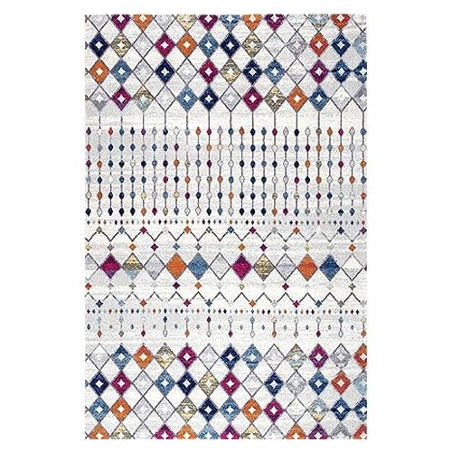 A colorful area rug with a geometric diamond pattern in shades of orange, blue, purple, and gold on a white background.