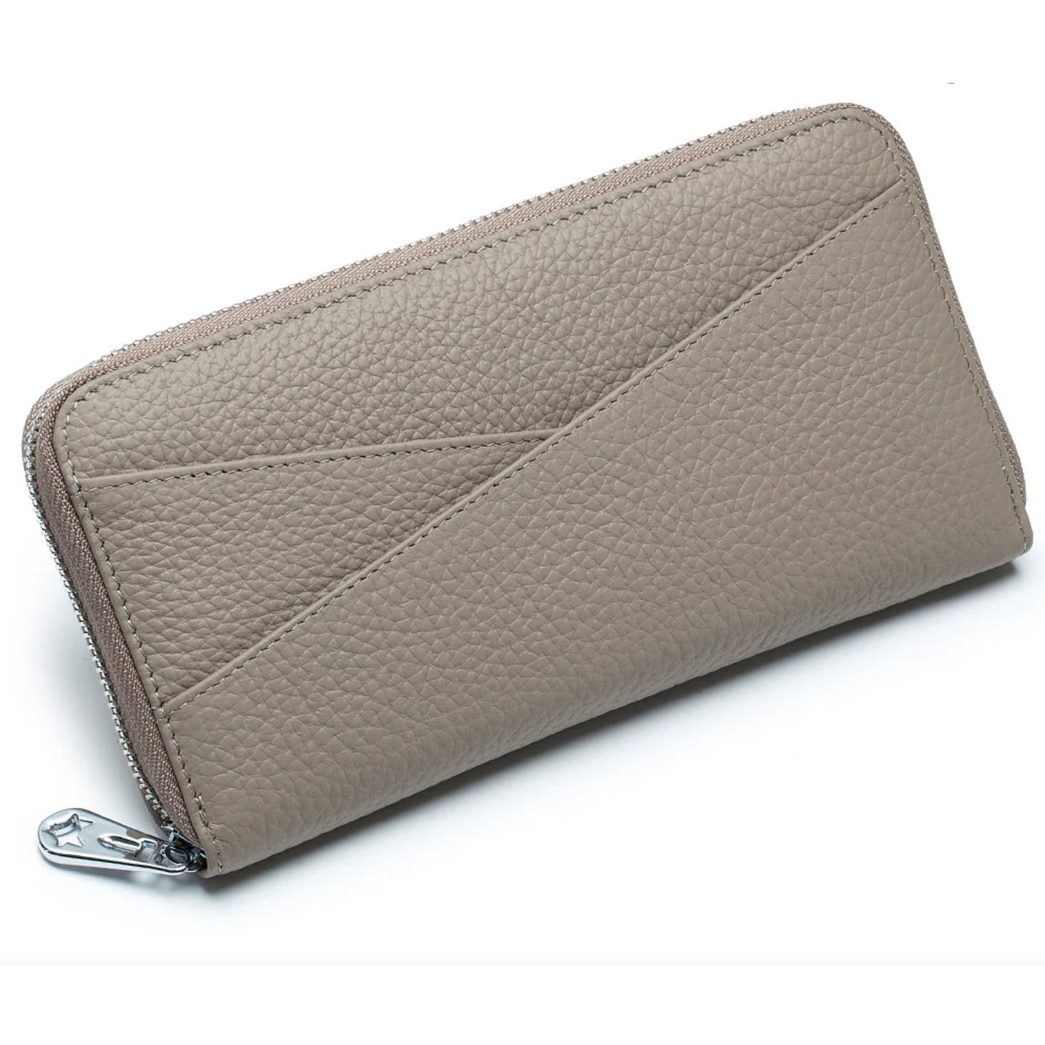 Beige leather wallet with a zip-around closure and diagonal stitch detailing on the exterior.