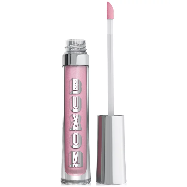 A pink Buxom lip gloss with a silver cap and a soft foam applicator is shown.