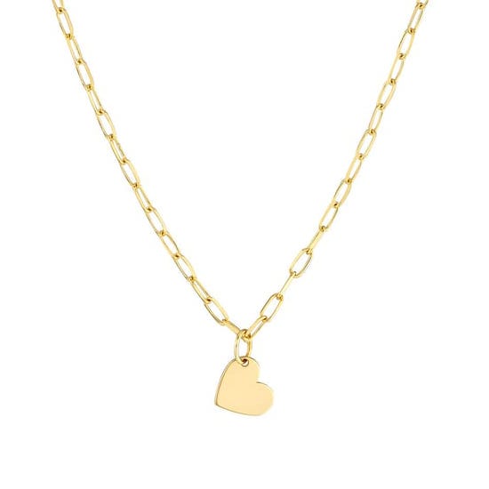 Gold paper clip chain necklace with a simple heart-shaped dangle charm.