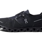 A single black running shoe with distinctive hollowed-out soles.