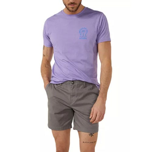 Gray shorts with a 7-inch inseam, featuring front pockets and a button closure.