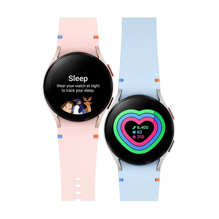 Two smartwatches with pink and blue straps displaying sleep tracking and heart rate statistics on their screens.